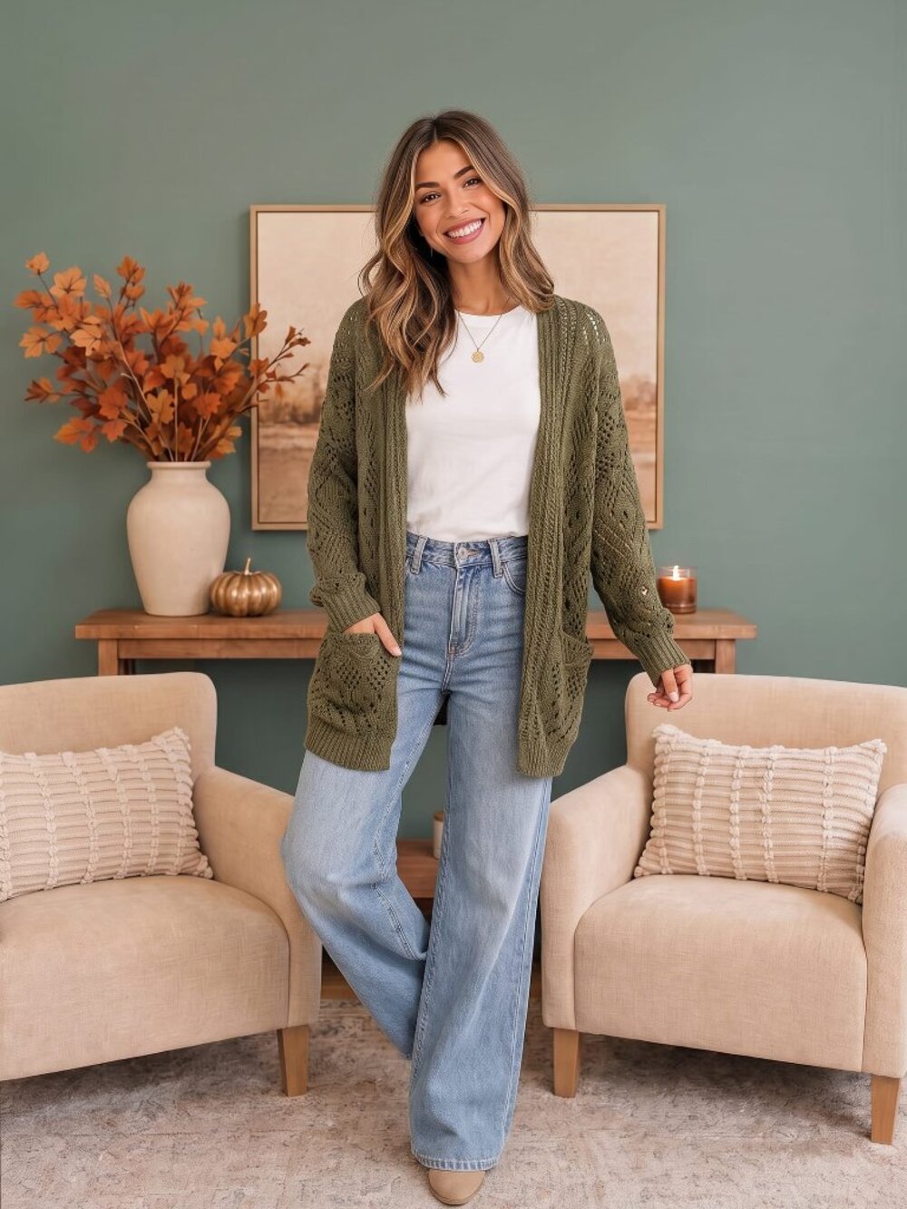 Cozy Days Open Pointelle Knit Cardigan in Olive